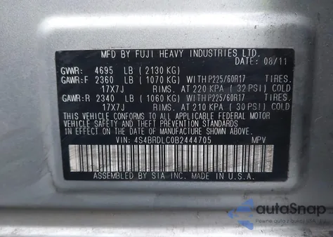 2011 Subaru Outback 3.6R Limited из США, поврежденный, VIN 4S4BRDLC0B2444705